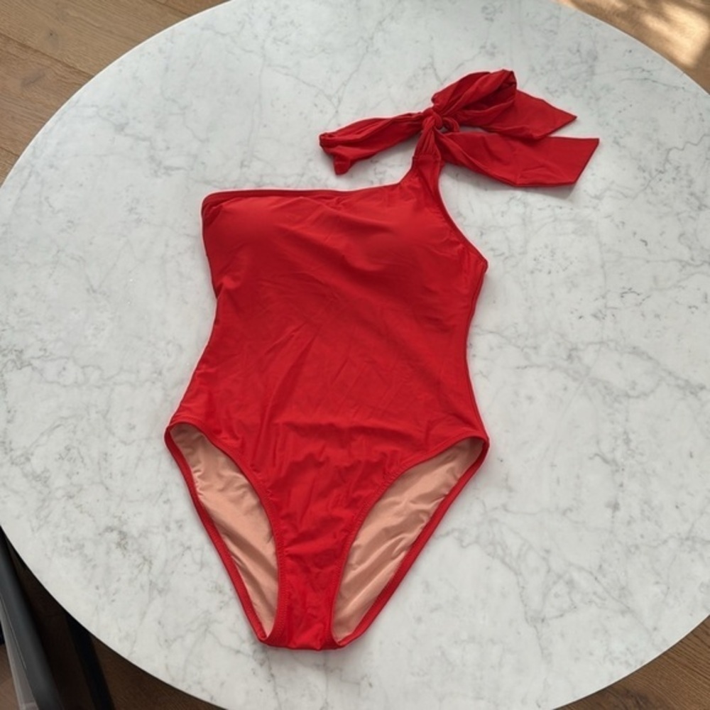 J.Crew One Shoulder Bow Tie One Piece Swimsuit Red Cerise Women’s Size 8